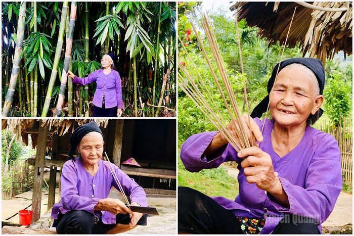 Để làm tăm hương, bà Hà Thị Nự (78 tuổi) và mọi người trong xã chọn tre, vầu có gióng dài, ngâm dưới ao nhiều tháng, phơi khô rồi chẻ thành những thanh tăm dài 40–50 cm.