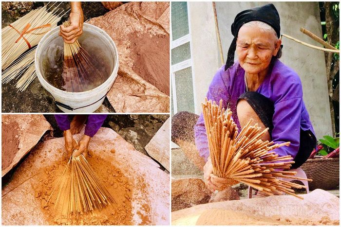 Khi lăn hương, người làm nhúng tăm hương vào xô nước, sau đó đem lăn qua, lăn lại trên lớp bột vỏ cây đã được trộn sẵn, rồi nhúng vào xô nước và tiếp tục lăn, cứ như vậy cho đến khi được một nén hương to bằng chiếc đũa.
