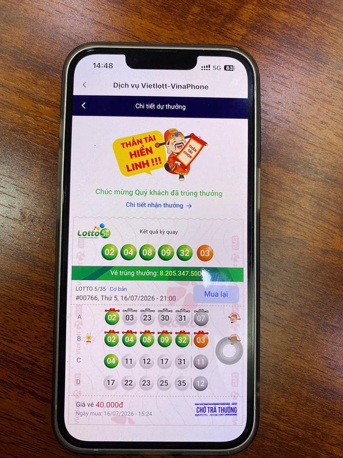 Tấm vé may mắn trúng giải Độc đắc xổ số quay nhanh Lotto 5/35 của ông N.T.K.