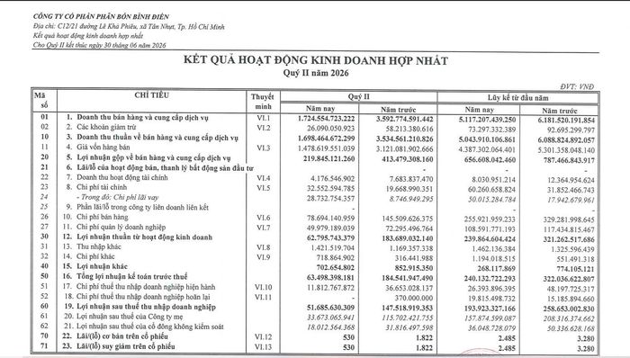 Báo cáo tài chính hợp nhất quý II/2026 của BFC. Ảnh chụp màn hình.