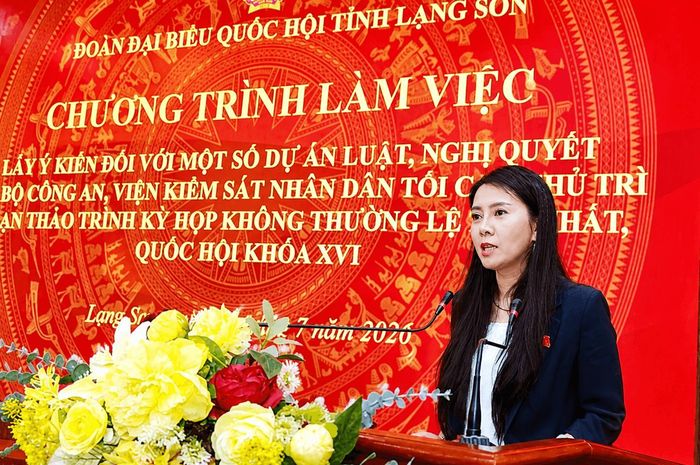 Trưởng Đoàn ĐBQH, Chủ tịch Ủy ban MTTQ Việt Nam tỉnh Lạng Sơn Đoàn Thu Hà phát biểu. Ảnh: T Huyền