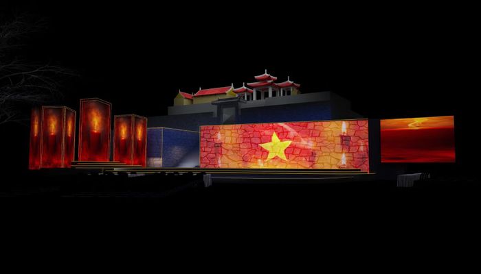 Thiết kế sân khấu tại điểm cầu Nhà bia tưởng niệm các anh hùng liệt sĩ xã Thanh Thủy (Tuyên Quang).