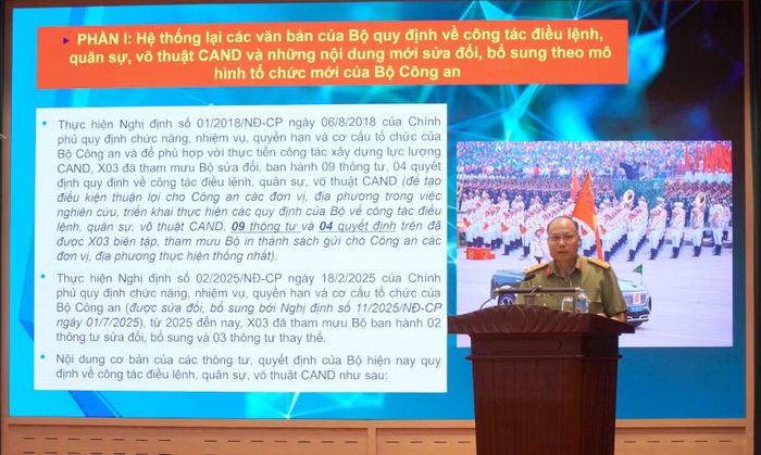 Đại tá Nguyễn Mạnh Hải, Trưởng phòng 6, Cục Công tác Chính trị quán triệt một số nội dung mới về công tác điều lệnh, quân sự, võ thuật trong CAND.