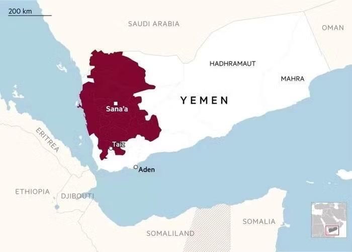 Khu vực do Houthi kiểm soát ở Yemen (màu đỏ). Đồ họa: FT