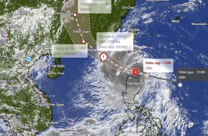 Cập nhật hướng đi của bão số 2 lúc 14h35 ngày 24/7. Nguồn: windy.
