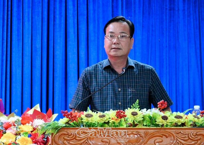 Phó Giám đốc Sở Nông nghiệp và Môi trường tỉnh Phan Minh Chí phát biểu về vai trò của Vĩnh Phước trong phát triển ngành hàng lúa, thủy sản và các giải pháp thúc đẩy tăng trưởng nông nghiệp của xã.