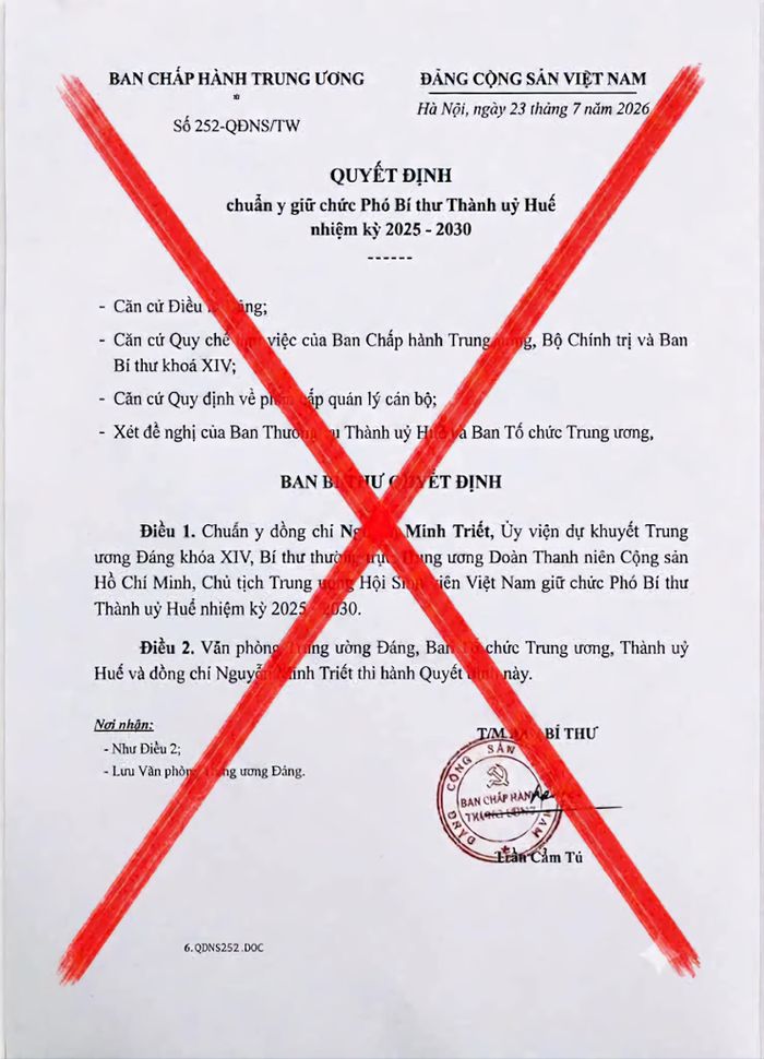 Văn bản giả tạo xuất hiện trên mạng xã hội. (Ảnh: Trung tâm Giám sát, điều hành đô thị thông minh Huế)