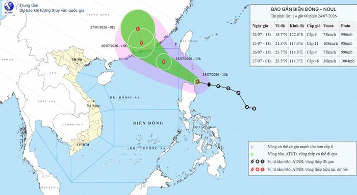 Hướng di chuyển của bão Noul lúc 14h ngày 24-7. Nguồn: Nchmf