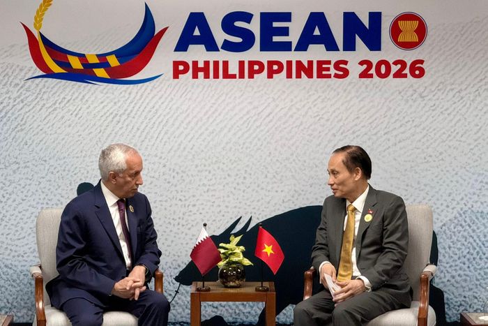 Bộ trưởng Bộ Ngoại giao Lê Hoài Trung (phải) gặp gỡ Quốc vụ khanh Bộ Ngoại giao Qatar Sultan bin Saad Al Muraikhi. Ảnh: Bộ Ngoại giao cung cấp
