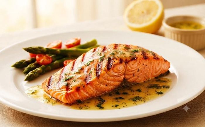 Món cá hồi sốt chanh tốt cho người gan nhiễm mỡ nhờ sự kết hợp giữa acid béo omega-3 và vitamin C hỗ trợ chuyển hóa chất béo tại gan. Ảnh: AI