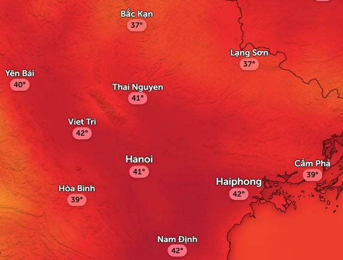 Dự báo nhiệt độ cảm nhận ở một số khu vực tại miền Bắc chiều mai, 26/7. Ảnh: Zoom Earth, OpenStreetMap, ICON.