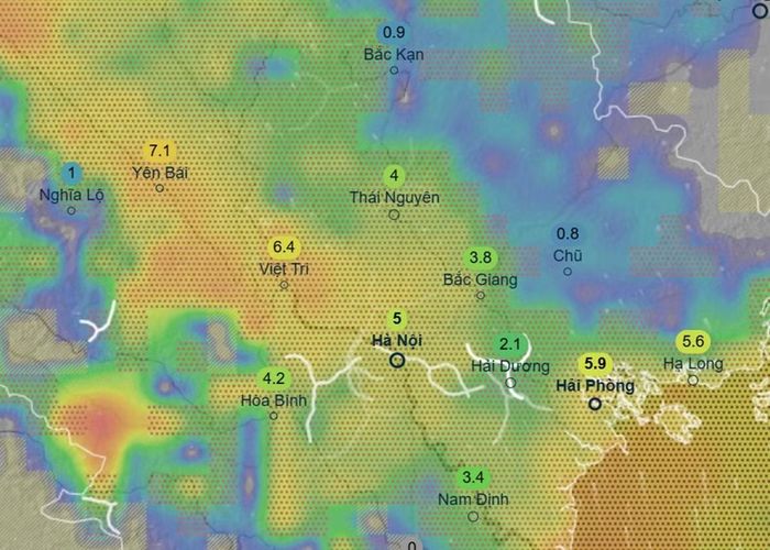 Dự báo của mô hình ICON về mưa ở nhiều nơi tại miền Bắc vào ngày 28/7, những con số trong hình là lượng mưa (tính theo mm) trong khoảng 3 giờ. Ảnh: Ventusky, ICON.