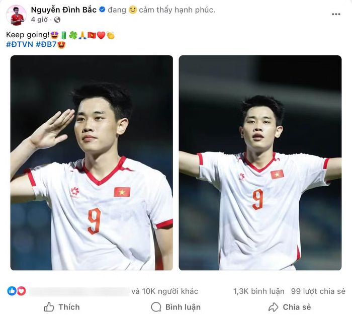 Đình Bắc đăng bài ăn mừng sau khi có trận ra quân rực rỡ cùng các đồng đội tại ASEAN Cup 2026. (Ảnh chụp màn hình)