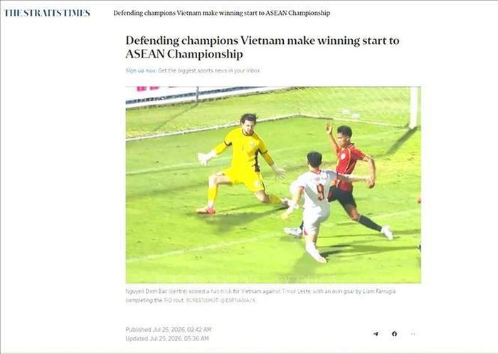 The Straits Times (Singapore) ca ngợi đẳng cấp vượt trội của "Những chiến binh Sao vàng". Ảnh: Chụp màn hình