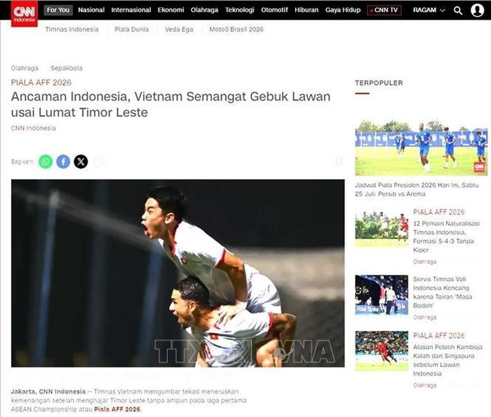 CNN Indonesia nhận định chiến thắng này đã gửi đi "một thông điệp mạnh mẽ" tới tất cả các đội ở bảng A, đặc biệt là Indonesia - đội chưa thi đấu lượt trận đầu tiên. Ảnh: Chụp màn hình