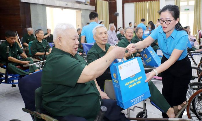  Đại diện lãnh đạo Công đoàn Goertek Việt Nam tặng quà thương binh, bệnh binh tại Trung tâm Điều dưỡng thương binh Thuận Thành. 