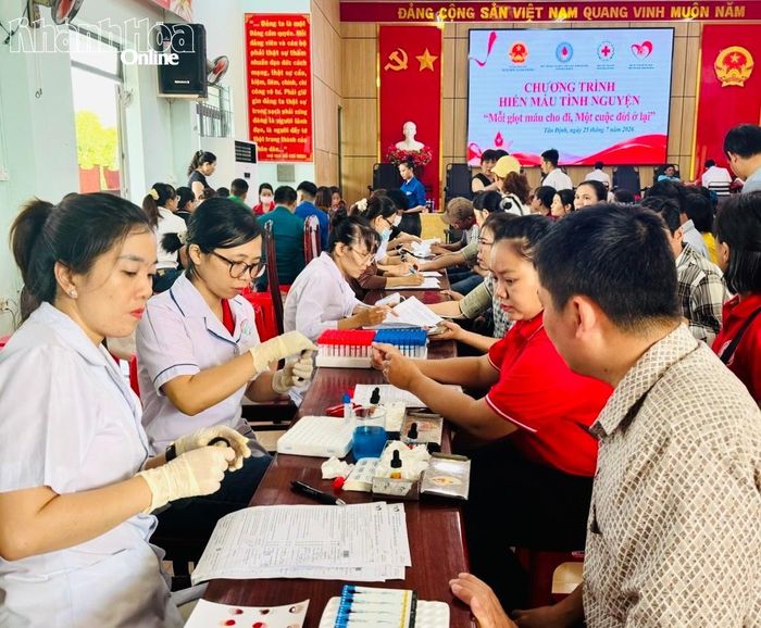 Cán bộ y tế Trung tâm Huyết học - Truyền máu Khánh Hòa xét nghiệm các mẫu máu để sàng lọc bệnh cho người tham gia chương trình.