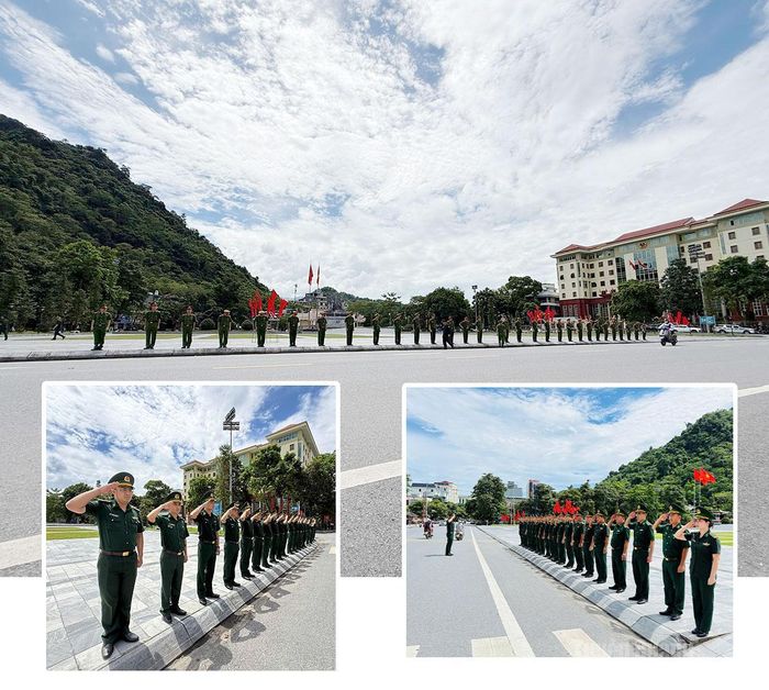 Lực lượng Công an, Biên phòng làm công tác chuẩn bị đón đoàn di chuyển hài cốt các Anh hùng liệt sỹ đi qua. Ảnh: Thanh Hoài - Viên Sự
