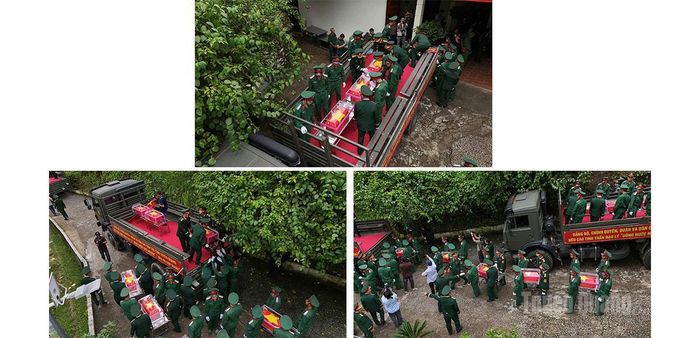 Hài cốt các liệt sĩ được đưa lên xe di chuyển về Nghĩa trang Liệt sĩ Quốc gia Vị Xuyên. Ảnh: Bang Phúc