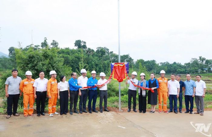 Các đại biểu thực hiện nghi thức khánh thành công trình thanh niên "Thắp sáng đường quê" tại xã Phú Đình.
