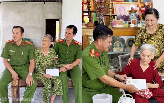 Ban Chỉ huy Công an xã Hưng Mỹ thăm hỏi, tri ân và tặng quà Mẹ Việt Nam Anh hùng Trương Thị Huệ (thứ hai từ trái sang) và Anh hùng LLVTND Phạm Thị Bay (bên phải).