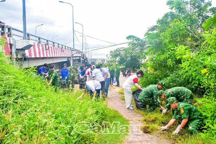 Đoàn viên, thanh niên các đơn vị ra quân vệ sinh môi trường, phát quang bụi rậm khu vực ven biển, xây dựng cảnh quan xanh - sạch - đẹp.