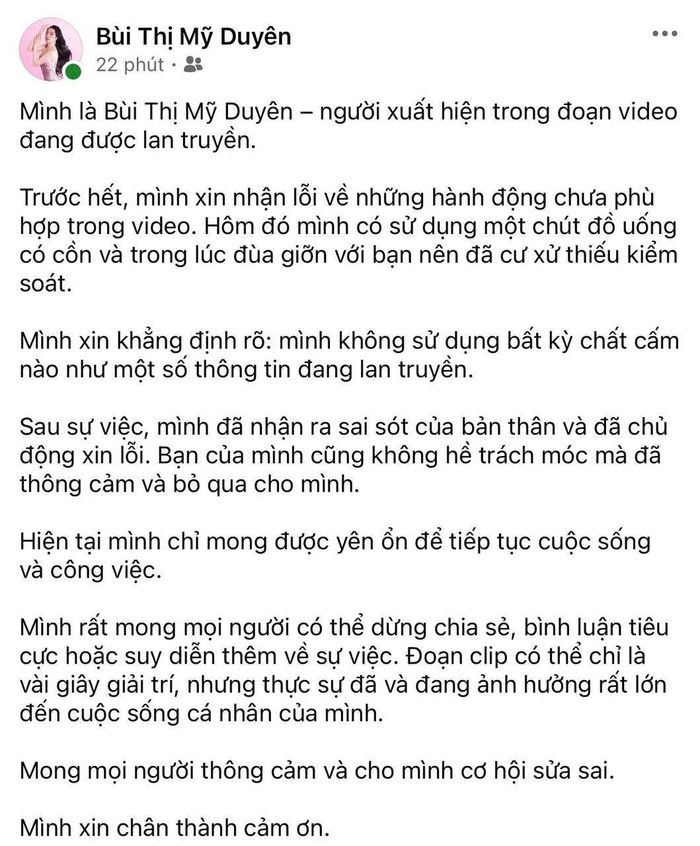 Mỹ Duyên chính thức lên tiếng về vụ việc. Ảnh chụp màn hình
