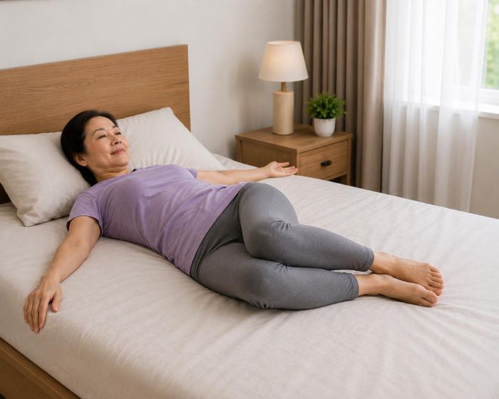 Xoay đầu gối sang hai bên giúp tăng khả năng vận động của cột sống thắt lưng và khớp háng, giảm cảm giác cứng vùng hông sau khi ngủ. Ảnh AI.