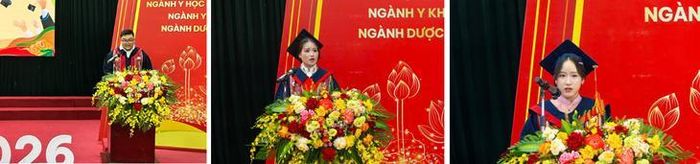 Trần Tùng Lâm đại diện cho các tân bác sĩ y học cổ truyền (ảnh 1), Ngôn Thị Hoa đại diện cho các tân bác sĩ y khoa (ảnh 2) và Trần Thanh Tâm đại diện cho các tân dược sĩ (ảnh 3) bày tỏ niềm xúc động khi nhìn lại hành trình sáu năm dưới mái trường Học viện.