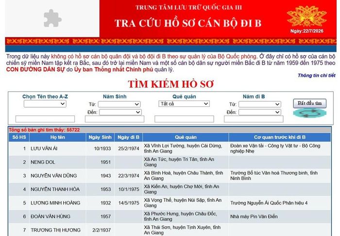 Người xem có thể tra cứu hồ sơ cán bộ đi B tại địa chỉ http://www.luutru.gov.vn/hosodiB/