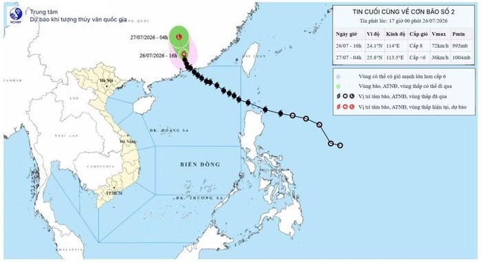 Bản đồ quỹ đạo bão số 2. (Nguồn: Trung tâm Dự báo khí tượng thủy văn quốc gia)