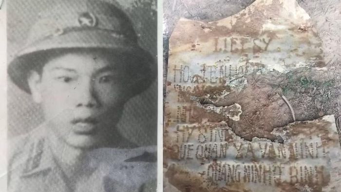Di ảnh liệt sĩ Hoàng Trọng Huynh và mảnh tôn bị khuyết được chôn cùng hài cốt liệt sĩ.