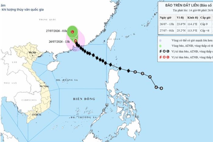 Bản đồ dự báo quỹ đạo và cường độ bão lúc 14h00 ngày 26/7/2026.