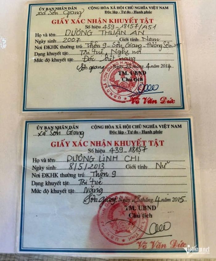 Thuận An và Linh Chi bị khuyết tật trí tuệ nặng