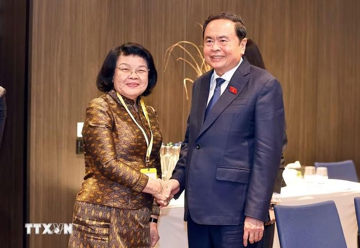 Sáng 29/7/2025, giờ địa phương (chiều cùng ngày, giờ Hà Nội), tại thành phố Geneva, Chủ tịch Quốc hội Trần Thanh Mẫn hội kiến Chủ tịch Quốc hội Campuchia Samdech Maha Rathsapheathika Thipadei Khuon Sudary. (Ảnh: Doãn Tấn/TTXVN)