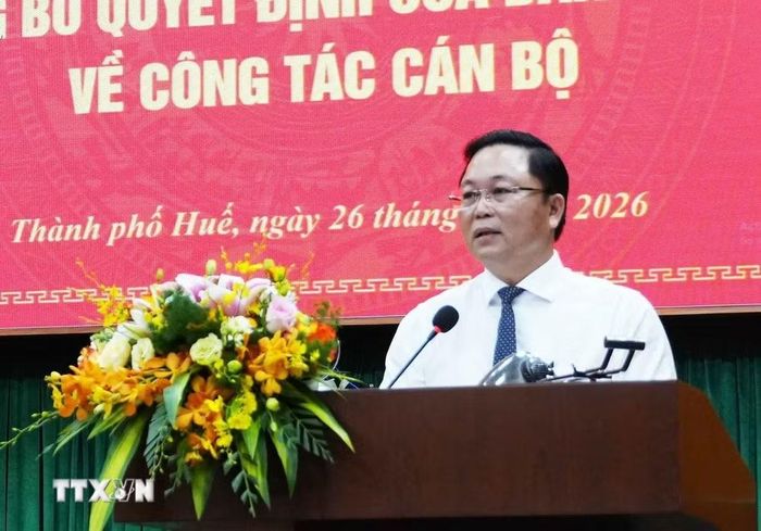 Đồng chí Lê Trí Thanh, Phó Bí thư Thành ủy Huế phát biểu nhận nhiệm vụ. (Ảnh: Nguyên Lý/TTXVN)