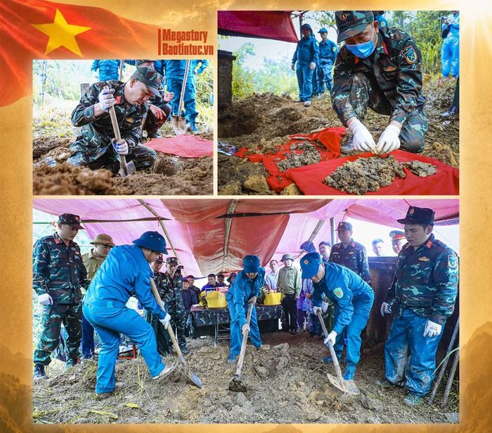 Từng nhát xẻng được thực hiện cẩn trọng nhằm bảo đảm nguyên vẹn các di vật và hài cốt còn lại dưới lòng đất.