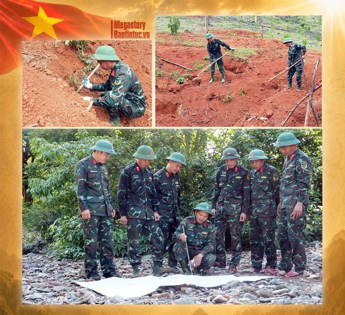 Cán bộ Đội Quy tập hài cốt liệt sĩ thuộc Đoàn Kinh tế - Quốc phòng 337, Quân khu 4, khắc phục mọi khó khăn về thời tiết để tìm kiếm hài cốt Liệt sĩ.