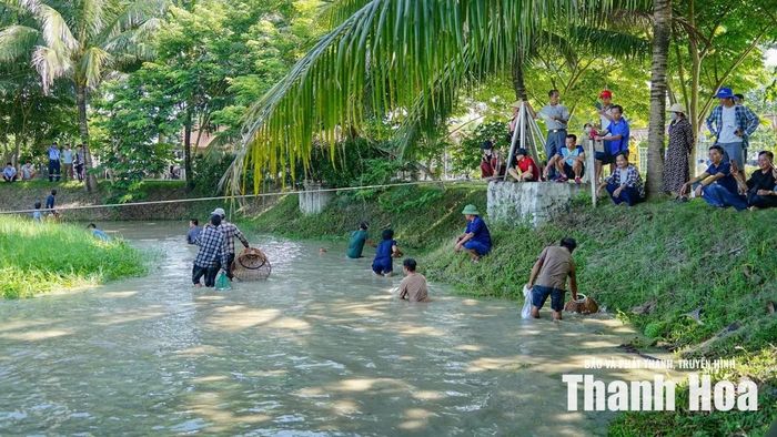 Đông người theo dõi nhất là khu vực chụp nơm bắt cá. Dưới làn nước đục màu phù sa, những chiếc nơm tre, chiếc giỏ đựng cá cùng những bước chân lội bùn đã tái hiện sinh động hình ảnh lao động quen thuộc của người nông dân vùng quê.