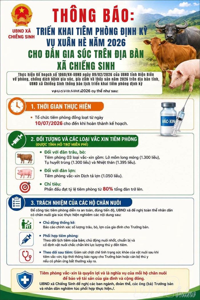 Xã Chiềng Sinh thông báo lịch tiêm phòng dịch bệnh trên đàn vật nuôi đến người dân.