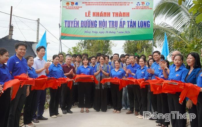 Các đại biểu thực hiện nghi thức khánh thành các công trình thanh niên "Thắp sáng đường quê" tại tuyến đường Hội Trụ, xã Tân Dương.
