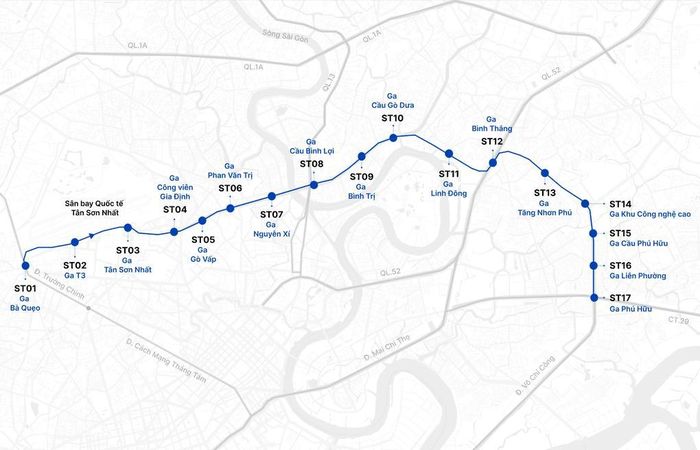 Vị trí 17 nhà ga của tuyến metro số 6 (Tân Sơn Nhất - Phú Hữu). Đồ họa: Tâm Thảo
