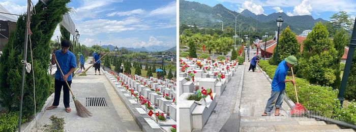 Đoàn viên thanh niên tích cực dọn dẹp chuẩn bị cho lễ truy điệu và an táng HCLS. Ảnh: Thảo Nguyên