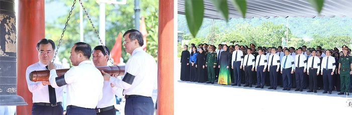 Các đồng chí lãnh đạo Đảng, Nhà nước thực hiện nghi lễ trước Đền thờ Liệt sĩ và thỉnh chuông tưởng nhớ các Anh hùng liệt sĩ. Ảnh: Duy Tuấn