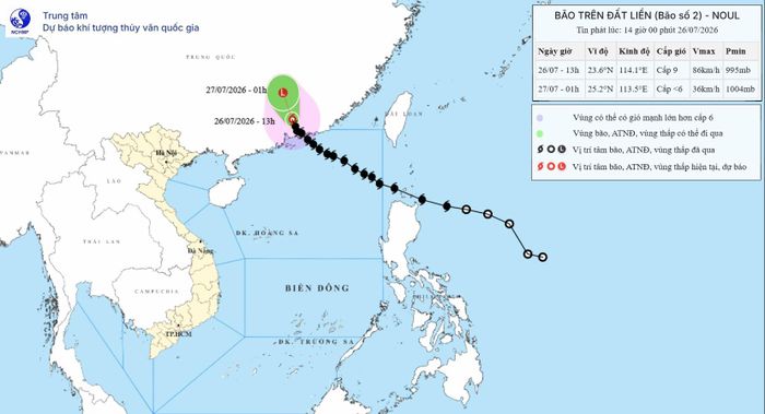 Hướng di chuyển của bão số 2 lúc 14h ngày 26-7. Nguồn: Nchmf
