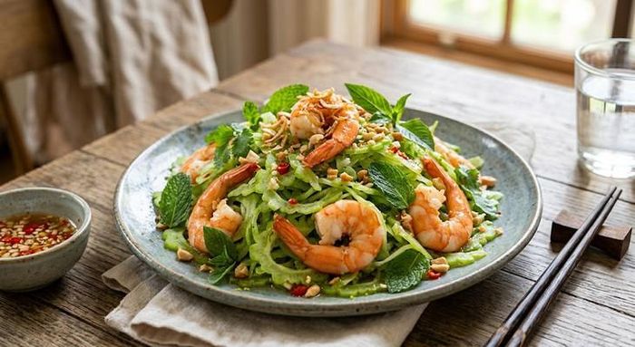 Mướp đắng bào mỏng trộn tôm hấp rất ngon, giúp giảm cân và ổn định đường huyết. Ảnh: AI