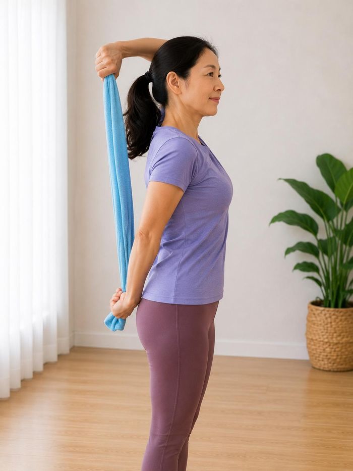 Duỗi cơ tam đầu với khăn giúp tăng sức mạnh mặt sau cánh tay, hỗ trợ các động tác đẩy và chống tay. Ảnh: AI.