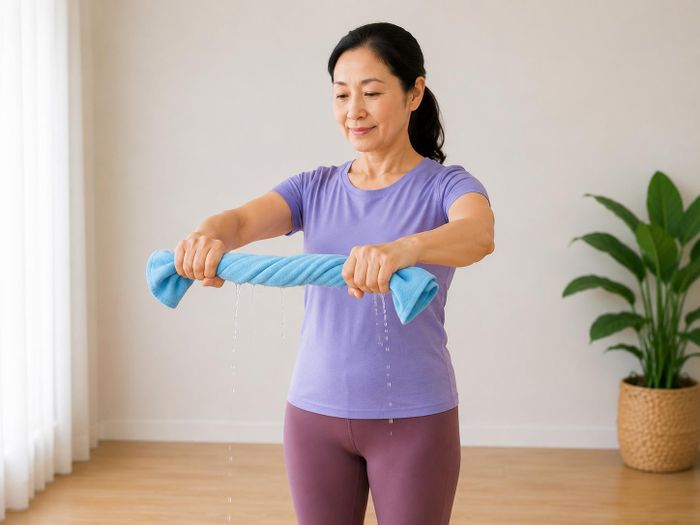 Động tác vắt khăn giúp tăng sức mạnh bàn tay, cổ tay, cẳng tay và cải thiện lực cầm nắm. Ảnh: AI.