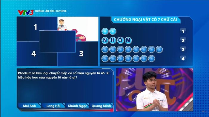 Ở cuộc thi Tuần, ngay sau khi gợi ý thứ hai xuất hiện, cả 4 thí sinh cùng giành quyền trả lời từ khóa chướng ngại vật với đáp án chính xác “Nhóm máu”, trong đó Quang Minh là người nhấn chuông nhanh nhất và được tính điểm.