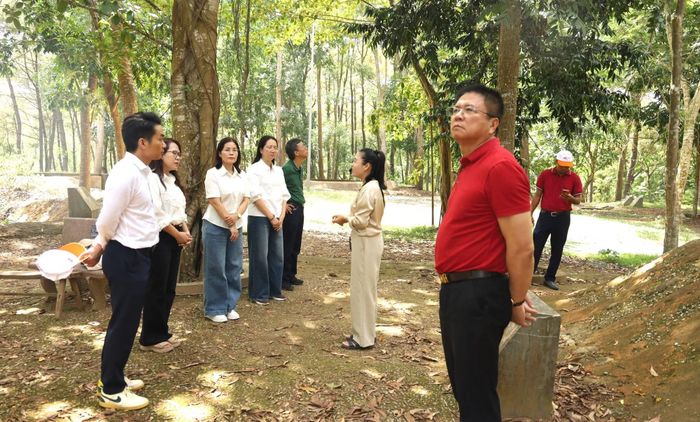 Đoàn công tác nghe thuyết minh viên chia sẻ về những chiến công tại Khu di tích lịch sử văn hóa Hàm Rồng.